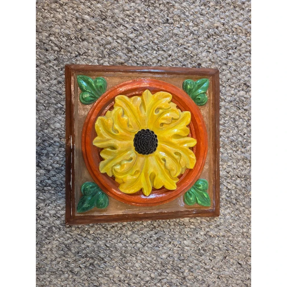 Vintage 70s Sunflower Floral Ceramic Wall Art Hanging Tile Plaque Large 11